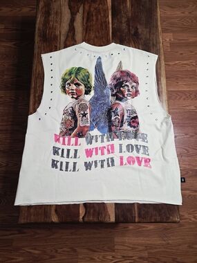 Switch Men's Sleeveless Cream Graphic Sleeveless Tee With Metal Studded Design.